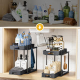 Delamu Under Sink Organizers and Storage, 2 Pack Pull Out Kitchen Bathroom Cabinet Organizer, 2 Tier Black Under Sink Storage for Bathroom Kitchen, Under Counter Storage Organizer with 8 Hooks Delamu