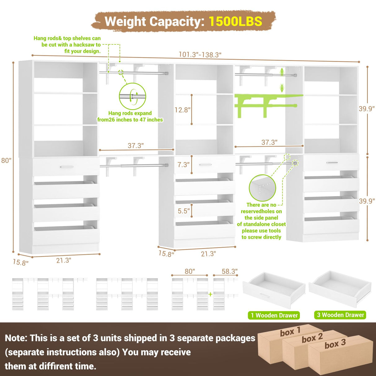 Aheaplus Closet System Set of 3, 138.5" Wood Closet Organizer System Tower with 12 Drawers & 4 Hanging Rods, 6.7+4.85Ft L Shaped Walk-in Closets Wardrobe Organizer Garment Rack with Shelves, White Aheaplus