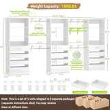 Aheaplus Closet System Set of 3, 138.5" Wood Closet Organizer System Tower with 12 Drawers & 4 Hanging Rods, 6.7+4.85Ft L Shaped Walk-in Closets Wardrobe Organizer Garment Rack with Shelves, White Aheaplus