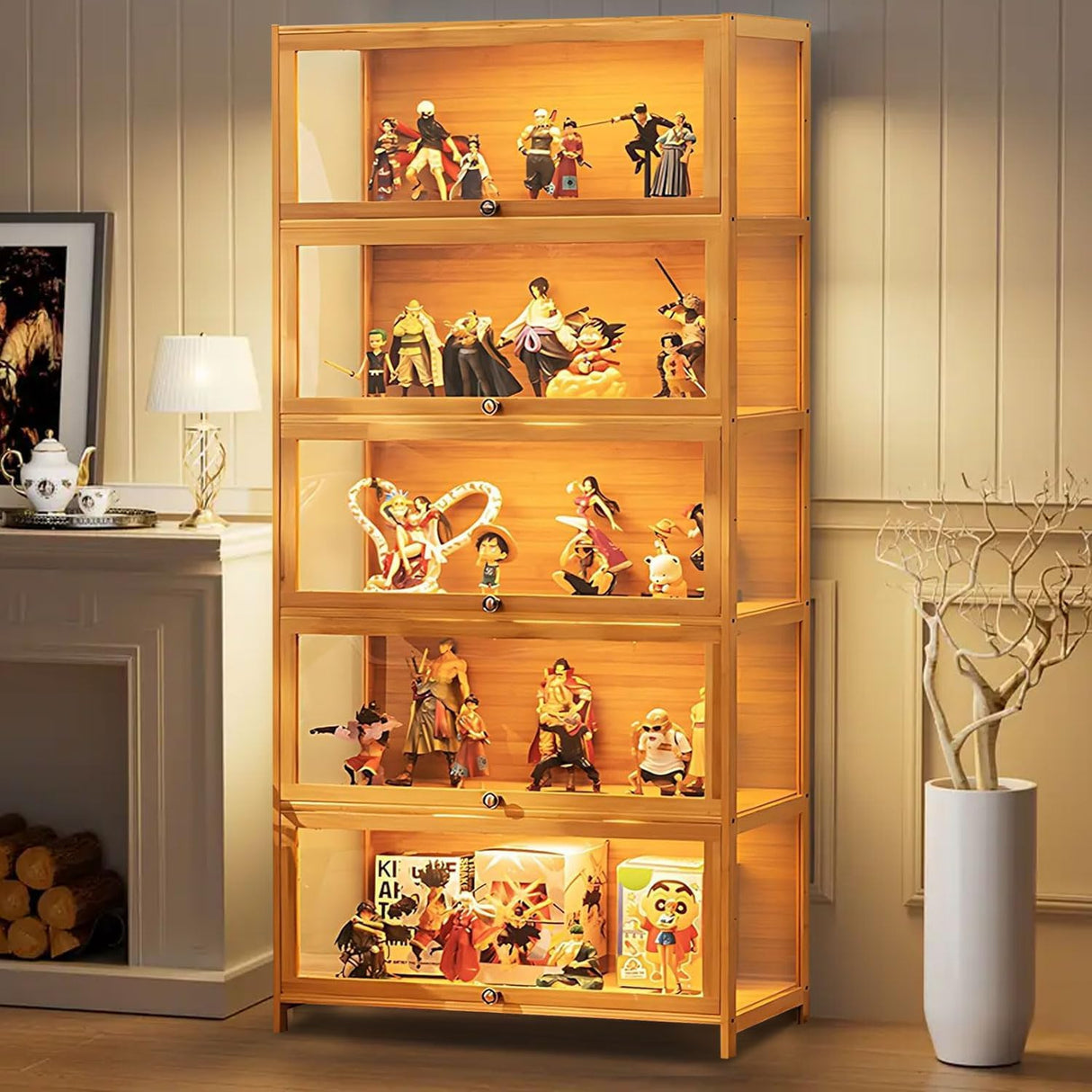 HAOWANJP Curio Display Cabinet 5-Tier Storage Shelves with Acrylic Door, Collectibles Toy Organizers Rack & Display Shelf, Kids Bookshelf and Bookcase for Playroom, Bedroom (Brown-Flip) HAOWANJP