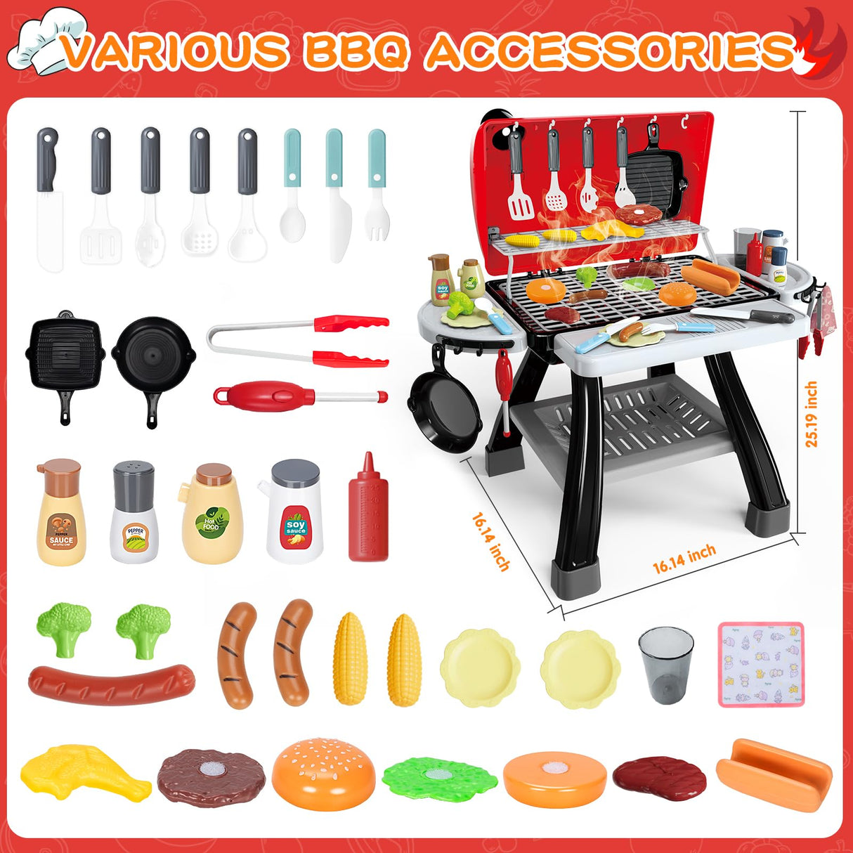 Bstoyder Kids Play Kitchen Toys, Kids BBQ Grill Kitchen Playset with Smoke, Sound & Light, Pretend Play Food Toys Cooking Set, 2-Layer Barbecue Outdoor Play Grill Toy Gift for Toddler Boys Girls 3-5 Bstoyder