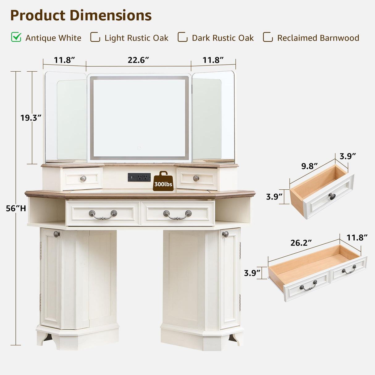 T4TREAM Makeup Vanity Desk 48" with 3 Way Mirror and Lights, Large Farmhouse Corner Vanity Dressing Table with Glass Top & Charging Station, 3 Drawers & 2 Storage Cabinets for Bedroom, Antique White T4TREAM