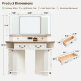 T4TREAM Makeup Vanity Desk 48" with 3 Way Mirror and Lights, Large Farmhouse Corner Vanity Dressing Table with Glass Top & Charging Station, 3 Drawers & 2 Storage Cabinets for Bedroom, Antique White T4TREAM