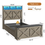 DICTAC Farmhouse Twin Bed Frame with Storage Headboard, Charging Station and Ottoman Twin Size Metal Platform Beds with Led Lights,twin Bed Frame with Metal Slats Support,No Box Spring Needed,Oak Gray DICTAC