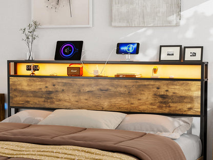 IKIFLY King Size Rustic Brown Storage Headboard with LED Lights & Charging Station - WoodArtSupply