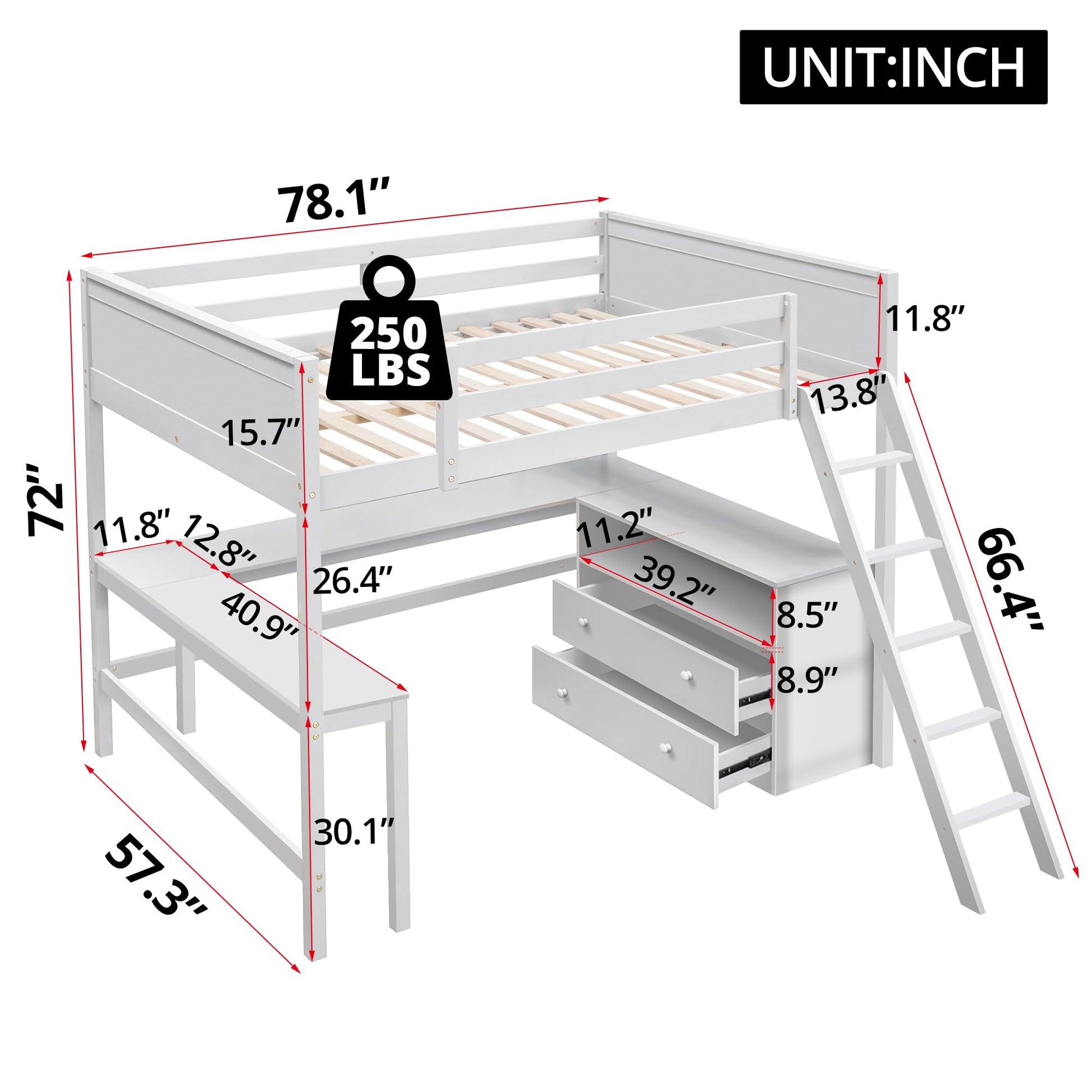 Full Size Solid Wood Loft Bed with Desk, Storage Shelves and Drawers in White - WoodArtSupply