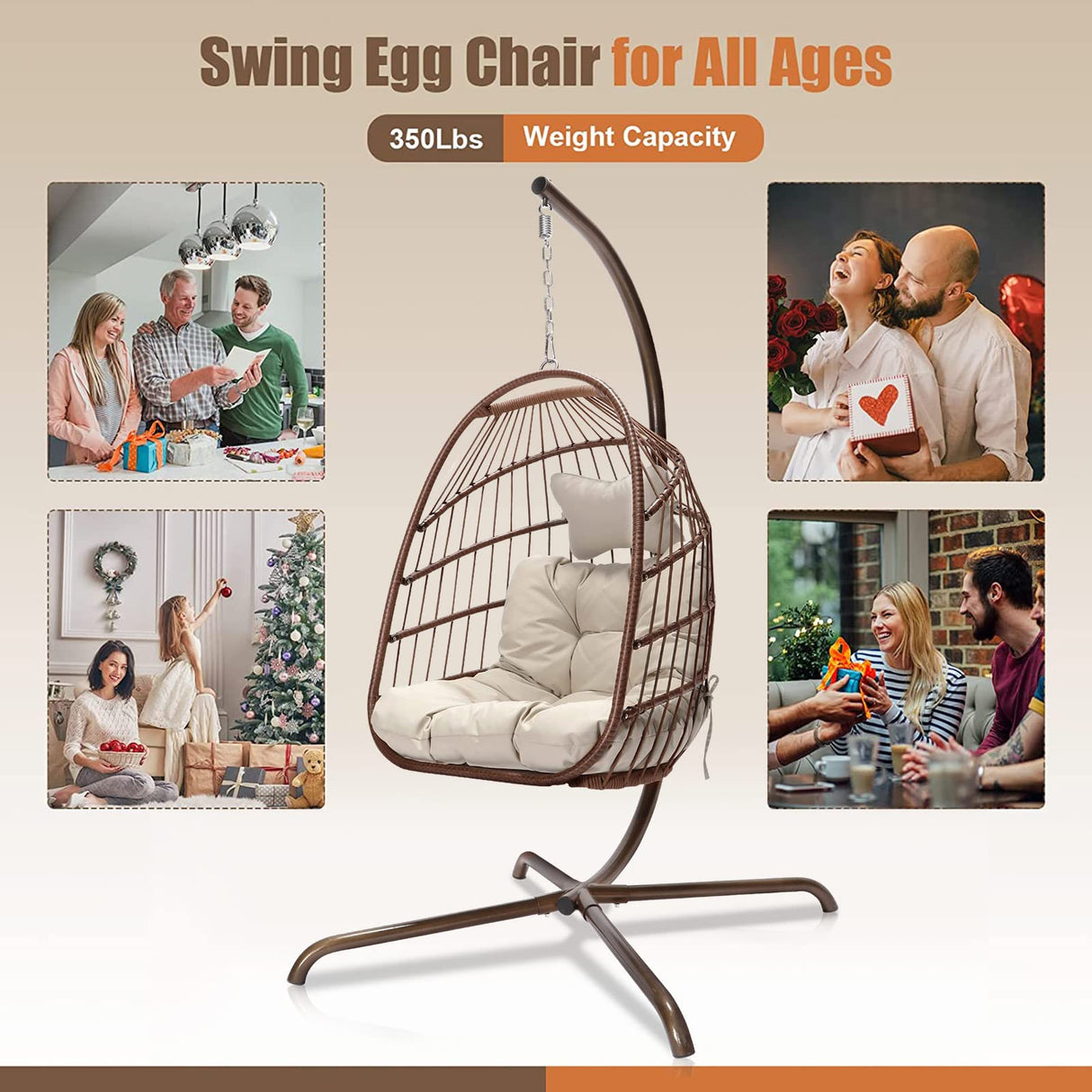 NICESOUL Swing Egg Chair with Stand Indoor Outdoor, Comfy Rattan Patio Basket Hanging Chair with Cushion & Pillow, 350lbs Weight Capacity Egg Hammock Chairs with Base for Bedroom Balcony, Brown NICESOUL