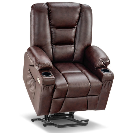 MCombo Power Lift Recliner Chair with Massage and Heat for Elderly People, Cup Holders, USB Ports, Side Pockets, Faux Leather 7519 (Medium, Dark Brown) MCombo