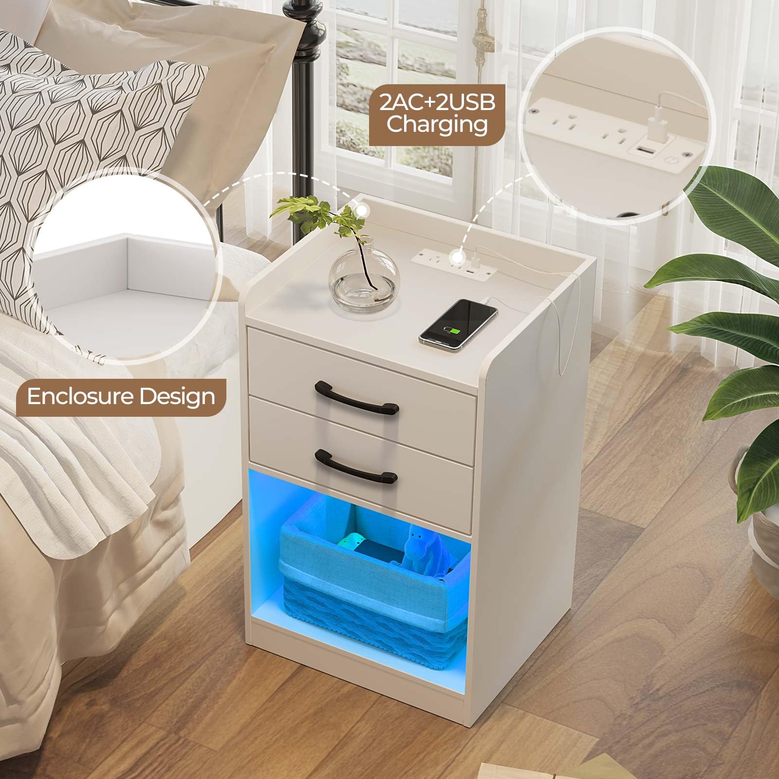 Seventable Nightstand with Charging Station and LED Lights, Modern Night Stand with 2 Drawers and Storage Open Compartment for Bedroom, White - WoodArtSupply