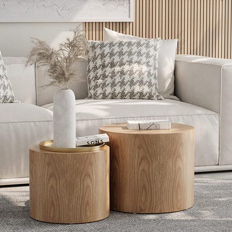 HanStrong Small Coffee Table Nesting End Table Set of 2, Round Coffee Table Wood Side Table Circle Accent Tables for Small Spaces Living Room Bedroom Balcony Office, Oak HanStrong