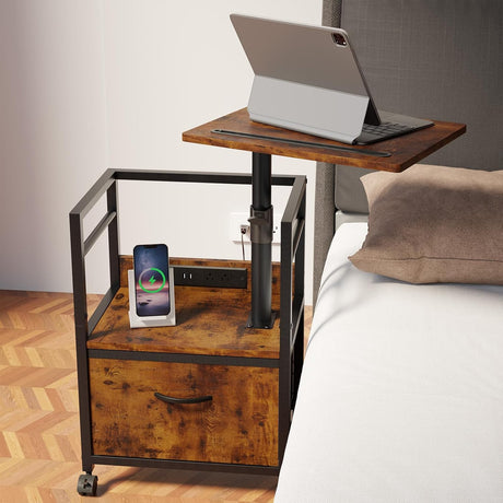 Swivel Lift Top Nightstand with Charging Station, 2-Tier 360° Adjustable Bedside Table, Rolling Night Stand with Wheels, Small End Table with Fabric Drawer, for Bedroom, Living Room, Rustic Brown Faesun