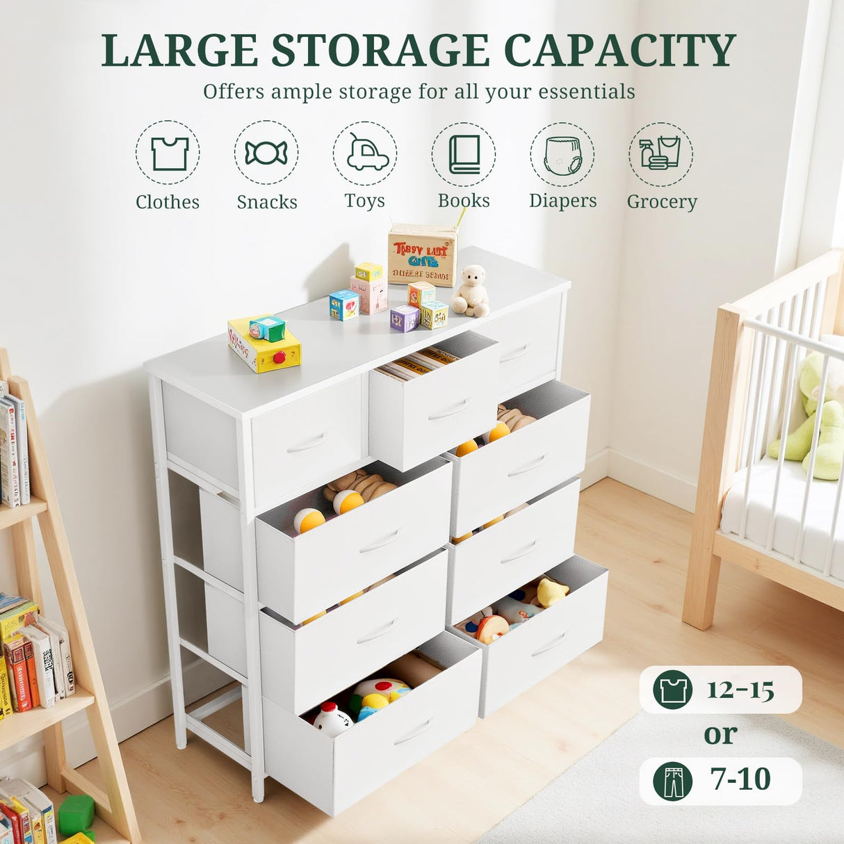 9-Drawer Dresser for Bedroom, Anti-Tip Tall Storage Organizer Chest of Drawers with Wooden Top and Metal Frame Fabric Bins for Closet, Living Room, Hallway, Entryway, White SageNest