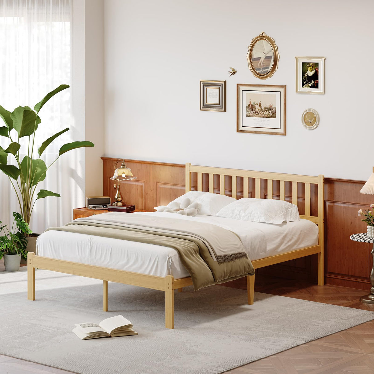 FDLOGW 14 in High Solid Bamboo Wood Platform Queen Bed Frame with Headboard, Bed Frame Queen Size, Heavy Duty, No Box Spring Needed, Nosie Free FDLOGW