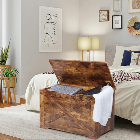Timberer Storage Chest, Wooden Storage Bench, Entryway Shoes Bench with 2 Safety Hinges, Retro Storage Trunk for Living Room, Bedroom, 15.7 x 31.5 x 18.9 Inches, Rustic Brown Timberer