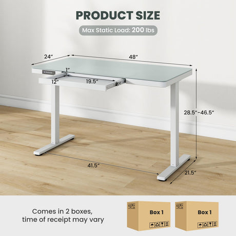 Giantex Glass Standing Desk with Drawer, 48" x 24" Height Adjustable Electric Stand Up Desk with Tempered Glass Top, 2 Memory Positions & USB Type-C Outlets, Sit Stand Desk for Home Office, White Giantex