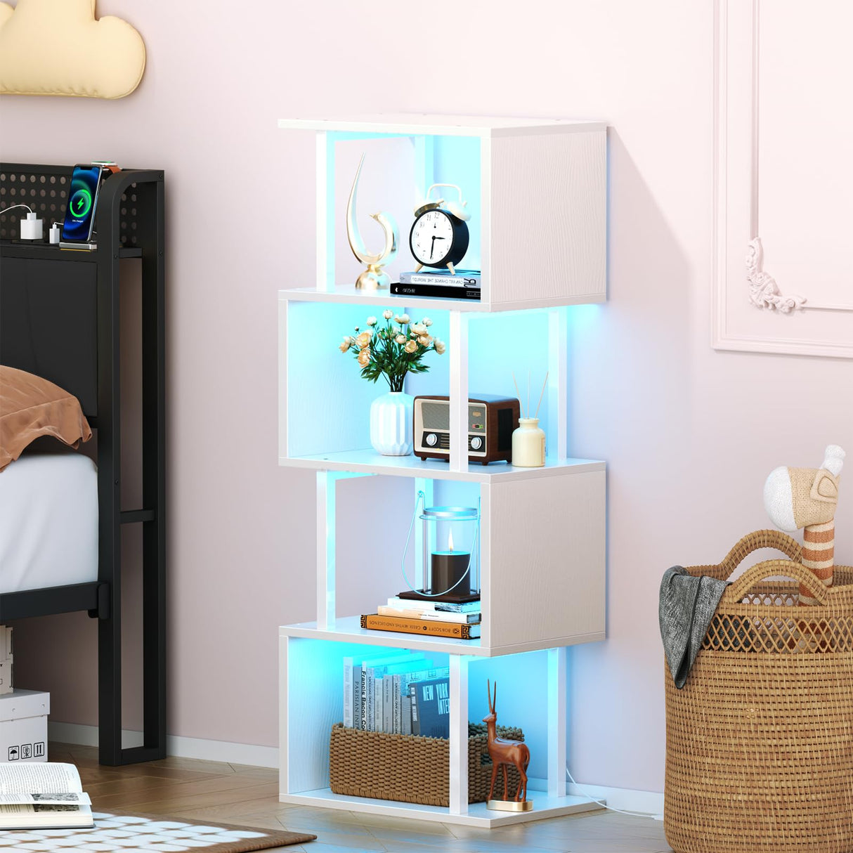 Furologee White Geometric Bookshelf with LED Light, 5 Tier S-Shaped Small Bookcase, Modern Display Standing Shelf, Metal Wooden Decorative Storage Shelves for Bedroom, Living Room, Office Furologee