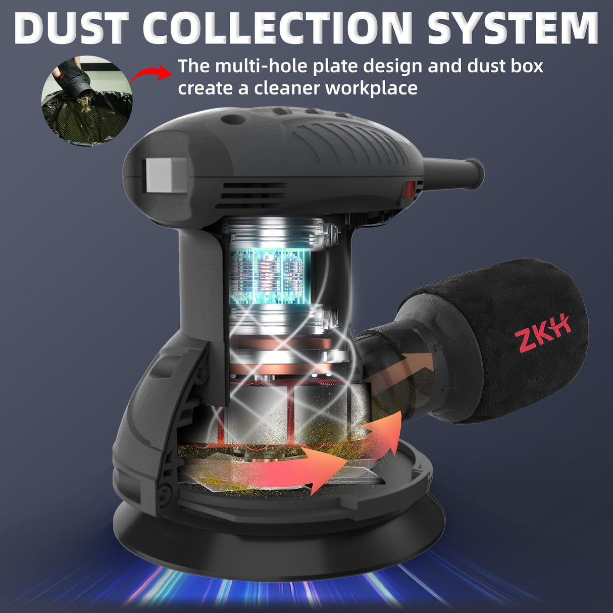 ZKH Random Orbital Sander, 6 Speeds 2.5A sander tool, 7000-14000 RPM, 5-inch Electric Sander Kit with 30pcs Sandpapers, Dust Collector, Ideal Power Palm Sander for Woodworking ZKH