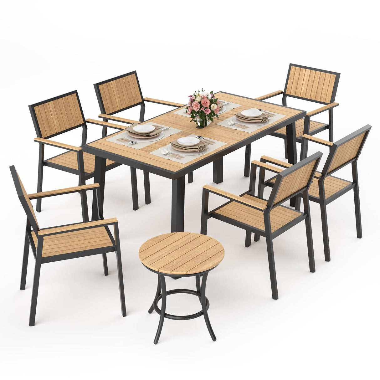 Pamapic 8-Piece Patio Dining Set，Outdoor Aluminum Furniture Set with Plastic-Wood Table Top,Outdoor Furniture Set with 6 Outdoor Stackable Chairs for Patio Garden Poolside (Teak) Pamapic