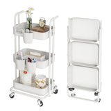 DTK 3 Tier Foldable Rolling Cart, Metal Utility Cart with Lockable Wheels, Folding Storage Trolley, 3 Small Baskets and 6 Hooks for Living Room, Kitchen, Bathroom, Bedroom and Office, White DTK