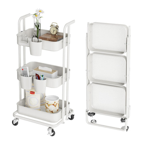 DTK 3 Tier Foldable Rolling Cart, Metal Utility Cart with Lockable Wheels, Folding Storage Trolley, 3 Small Baskets and 6 Hooks for Living Room, Kitchen, Bathroom, Bedroom and Office, White DTK
