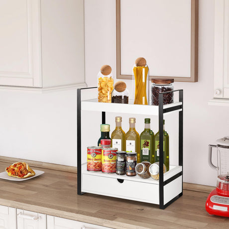 Ukonvi 2-Tier Bathroom Organizer Countertop with Drawer, Wood Counter Shelf for Storage, Vanity Tray for Bathroom Organization and Decor, Countertop Organizer for Kitchen, Office (White) Ukonvi