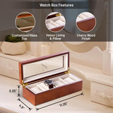 Bey-Berk Personalized Cherry Custom Wood Watch Box – 4-Slot Storage with Glass Lid, Velour Lining & Pillows Bey-Berk
