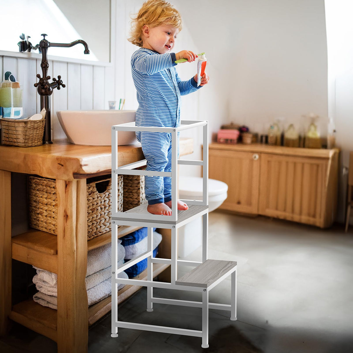 LIANTRAL Toddler Kitchen Stool Helper, Toddler Standing Tower with Safety Rail, Kids Kitchen Step Stool, Wood and Metal, Kids Counter Level Learning Stool for Kitchen, Bathroom, White LIANTRAL