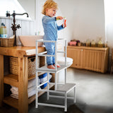 LIANTRAL Toddler Kitchen Stool Helper, Toddler Standing Tower with Safety Rail, Kids Kitchen Step Stool, Wood and Metal, Kids Counter Level Learning Stool for Kitchen, Bathroom, White LIANTRAL