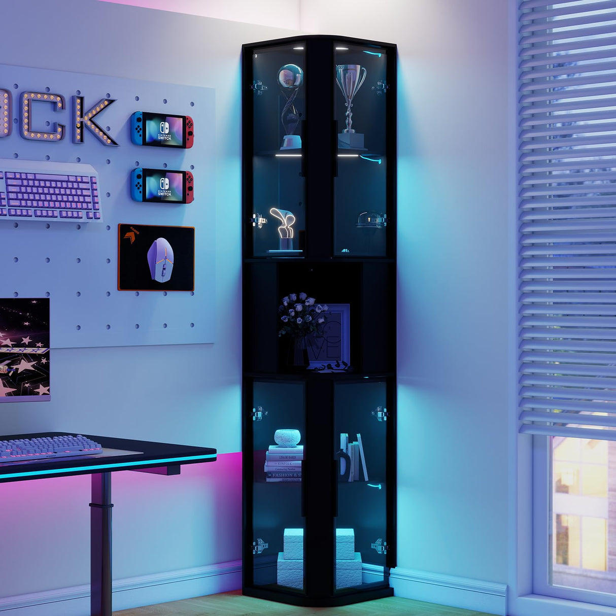 ARTETHYS Glass Display Cabinet Doors 78‘’ Tall Corner Display Case with Lights for Collectibles 5-Tier Curio Storage Shelf for Toys, Books, Black ARTETHYS