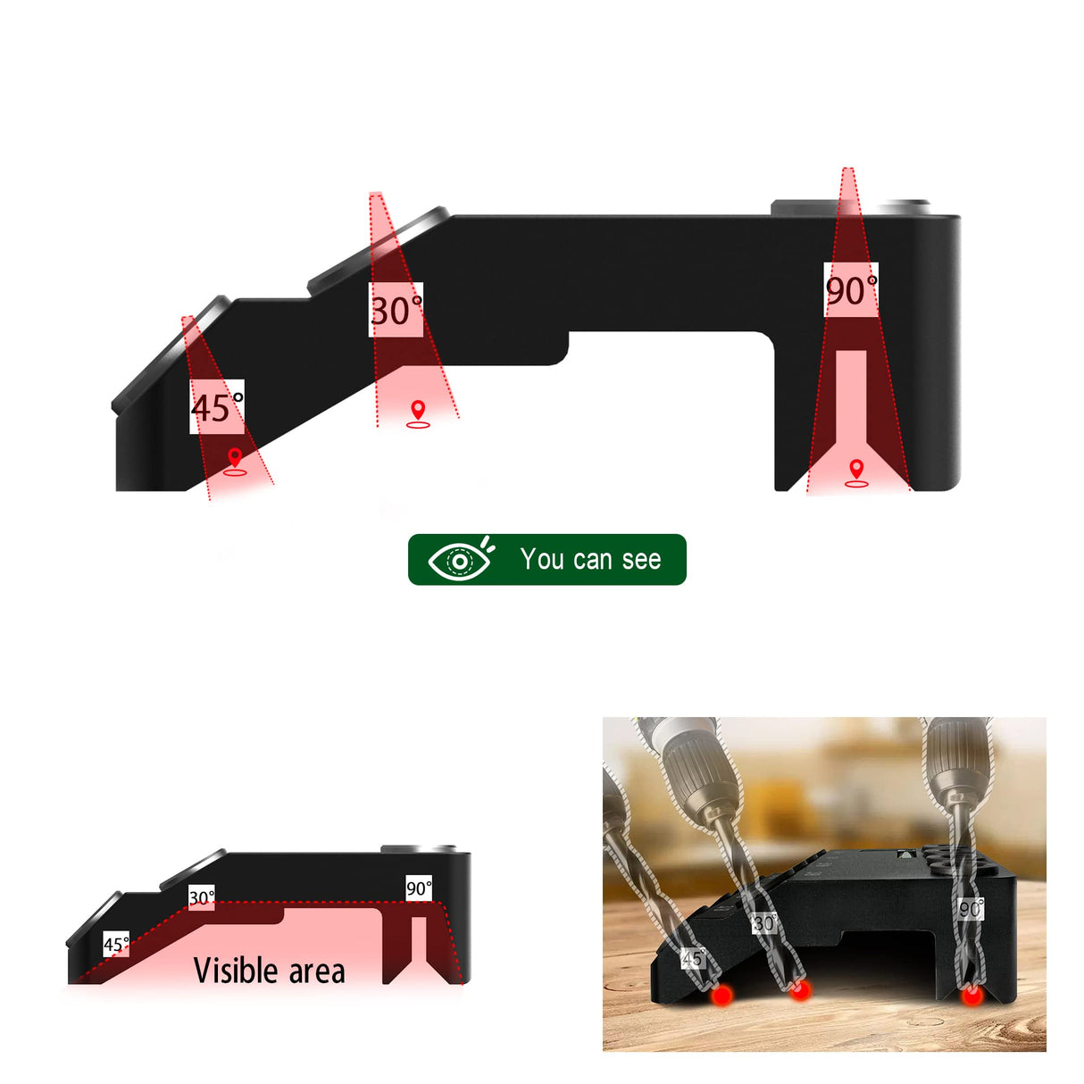 Drill Guide,30 45 90 Angled Drill Guide Jig with 2 Torpedo Level 4 Sizes Drill Hole Guide Jig Use on Flat Surfaces, Round Parts, and Corners Angled Straight Hole ENGYNC