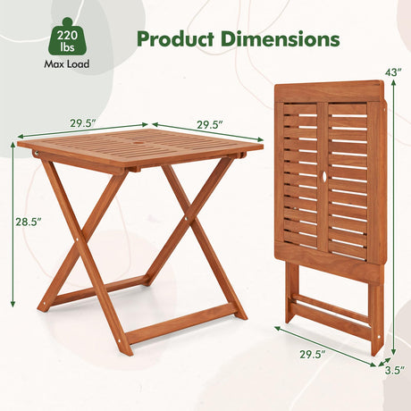 CLEEMAN Folding Outdoor Dining Table, Solid Wood Bistro Tables with 2" Umbrella Hole, Square Foldable Patio Table for Porch Balcony Deck Garden Yard, Teak Oil Finish CLEEMAN