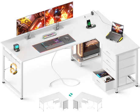 AODK L Shaped Desk with 4 Tier Drawers, 61" Reversible Gaming Desk with Power Outlets, L Shaped Computer Desk with USB Charging Port and Host Stand, Home Office Corner Desk, Easy to Assemble, White AODK