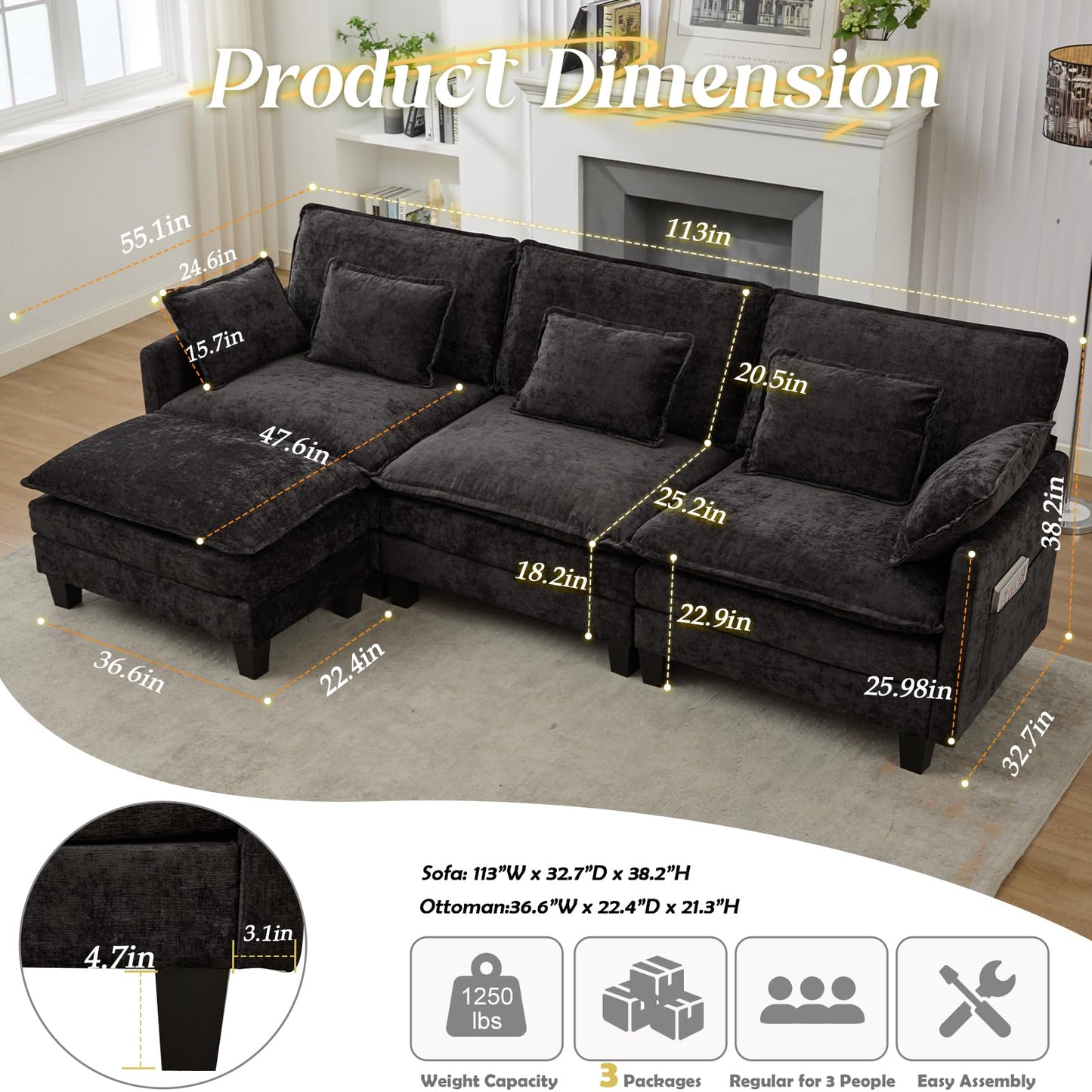 SAMERY Modular Sectional Sofa, 113" L Shaped Couch Set for Living Room Comfy Cloud Couch with Movable Ottoman, Extra Deep Seat Sofa Sleeper with 5 Pillows, Black Chenille 3-Seater Sofa