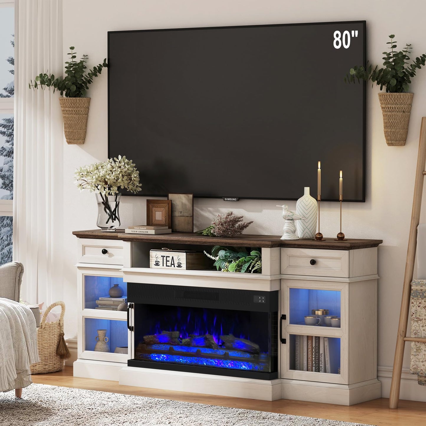 Pyrova Farmhouse Fireplace TV Stand for TVs Up to 80 inch, 70" Entertainment Center with 36 inch 3-Sided Electric Fireplace for Living Room, 2 Storage Drawers and 2 Cabinets (Antique White)