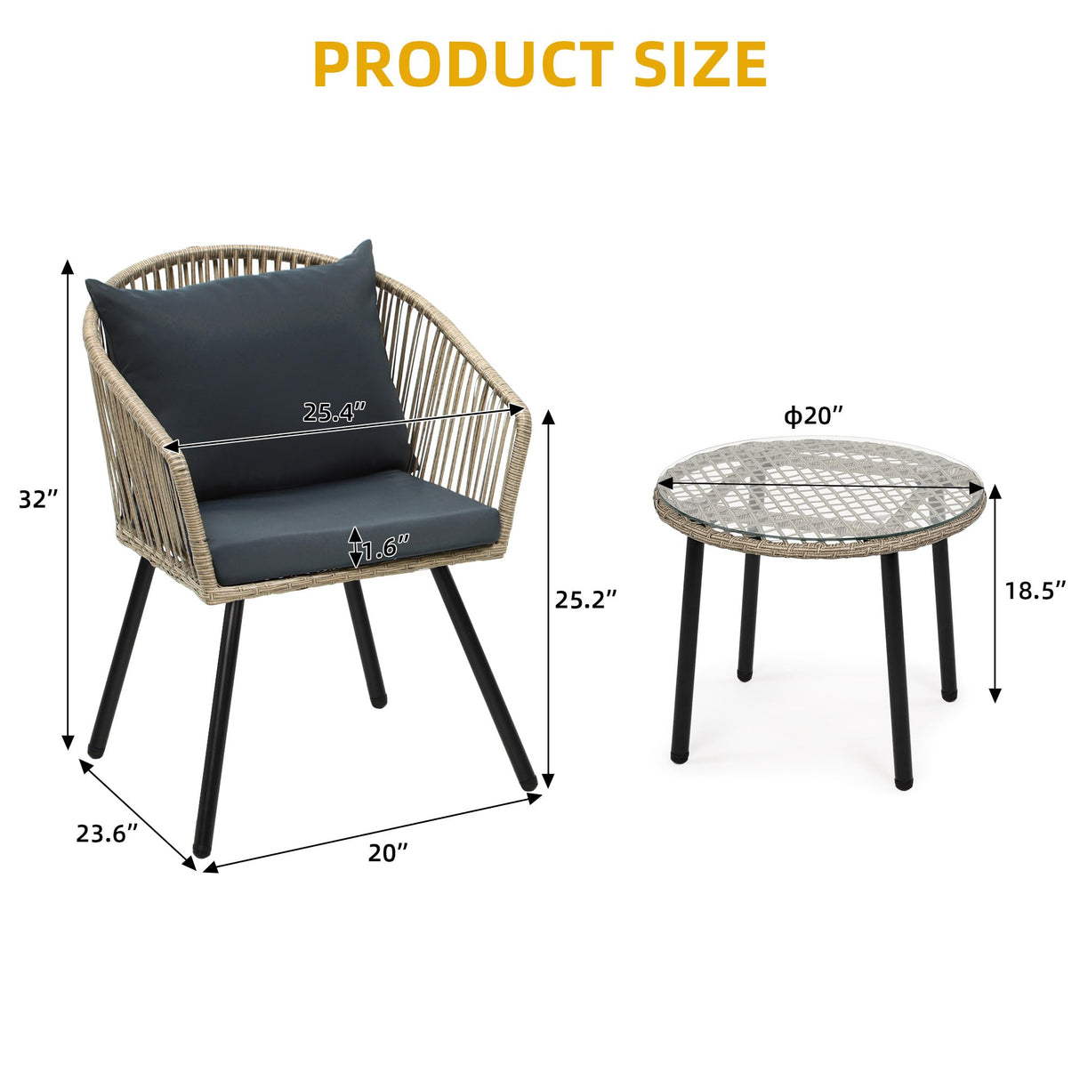 DWVO Bistro Table and Chairs Set of 2, Outdoor Patio Furniture Set with Cushion Chairs and Glass Table, Front Porch Furniture for Backyard, Deck, and Balcony, Gray DWVO