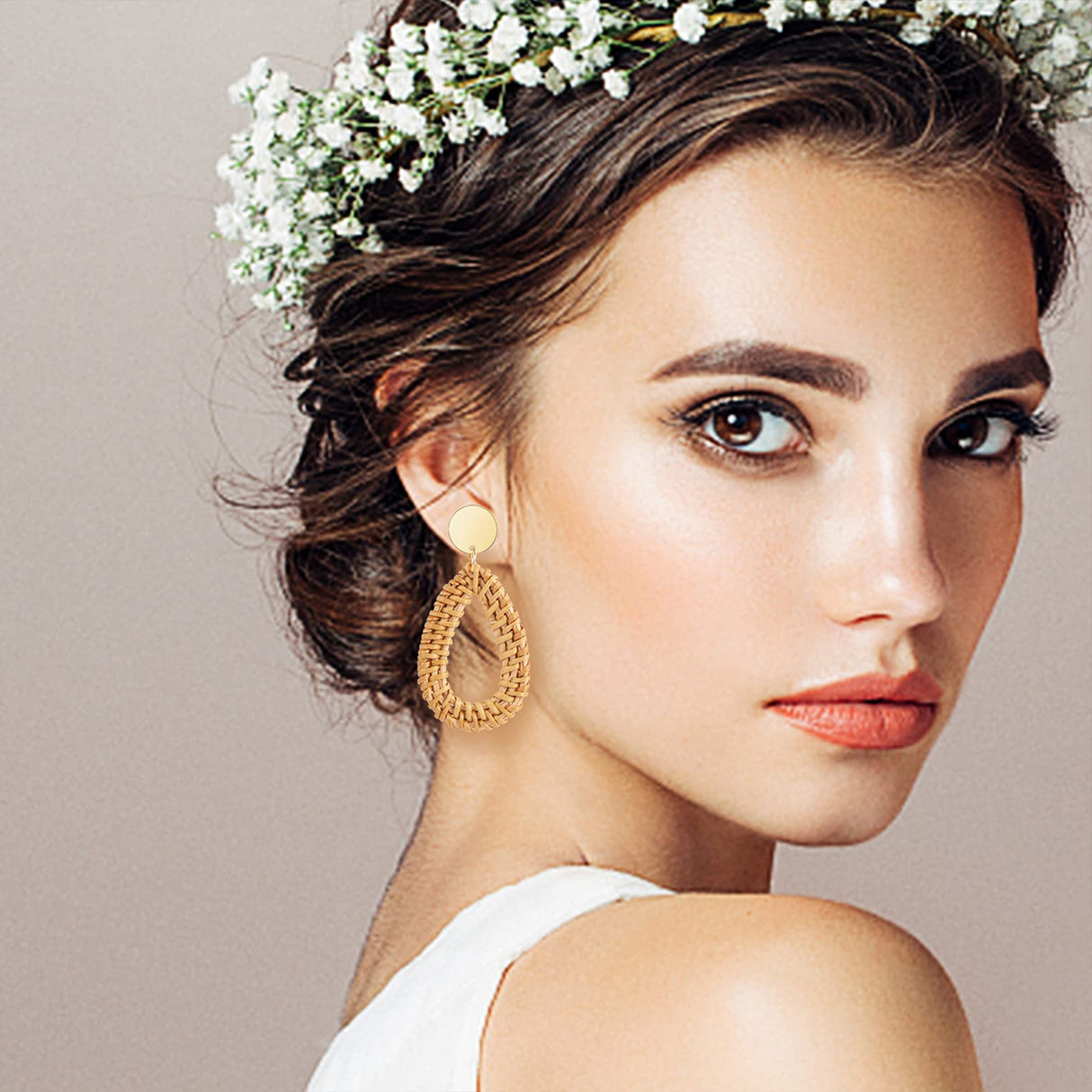 Ponpon 6 Pairs Rattan Earrings, Lightweight Summer Straw Earrings Fashion Geometric Statement Hoop Dangle Drop Zinc Earrings for Women Ponpon