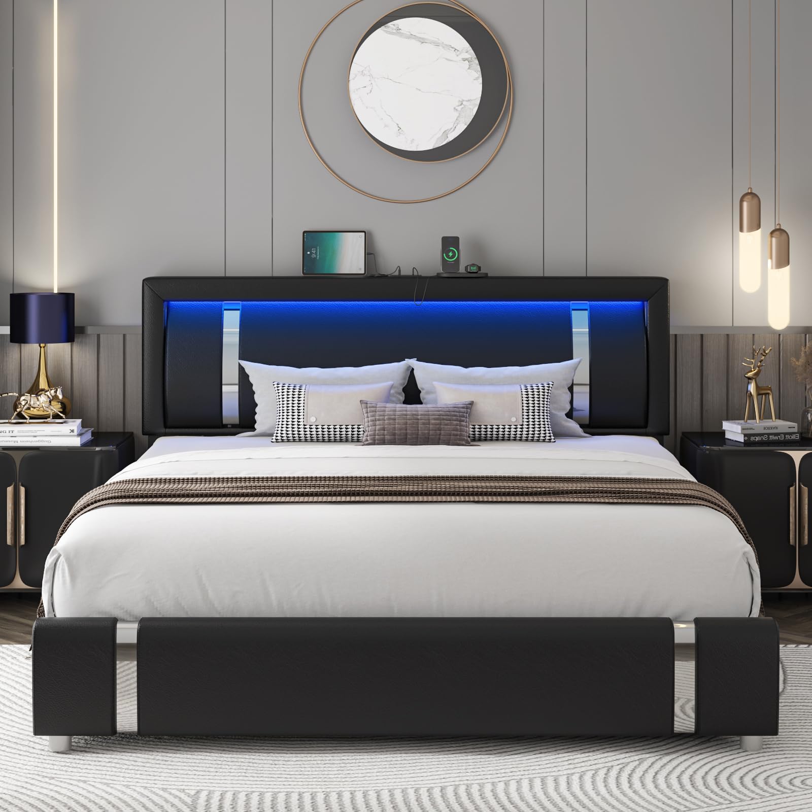 Keyluv Modern Black Queen Bed Frame with RGB LED Headboard, 2 Storage Drawers, and USB Ports - WoodArtSupply