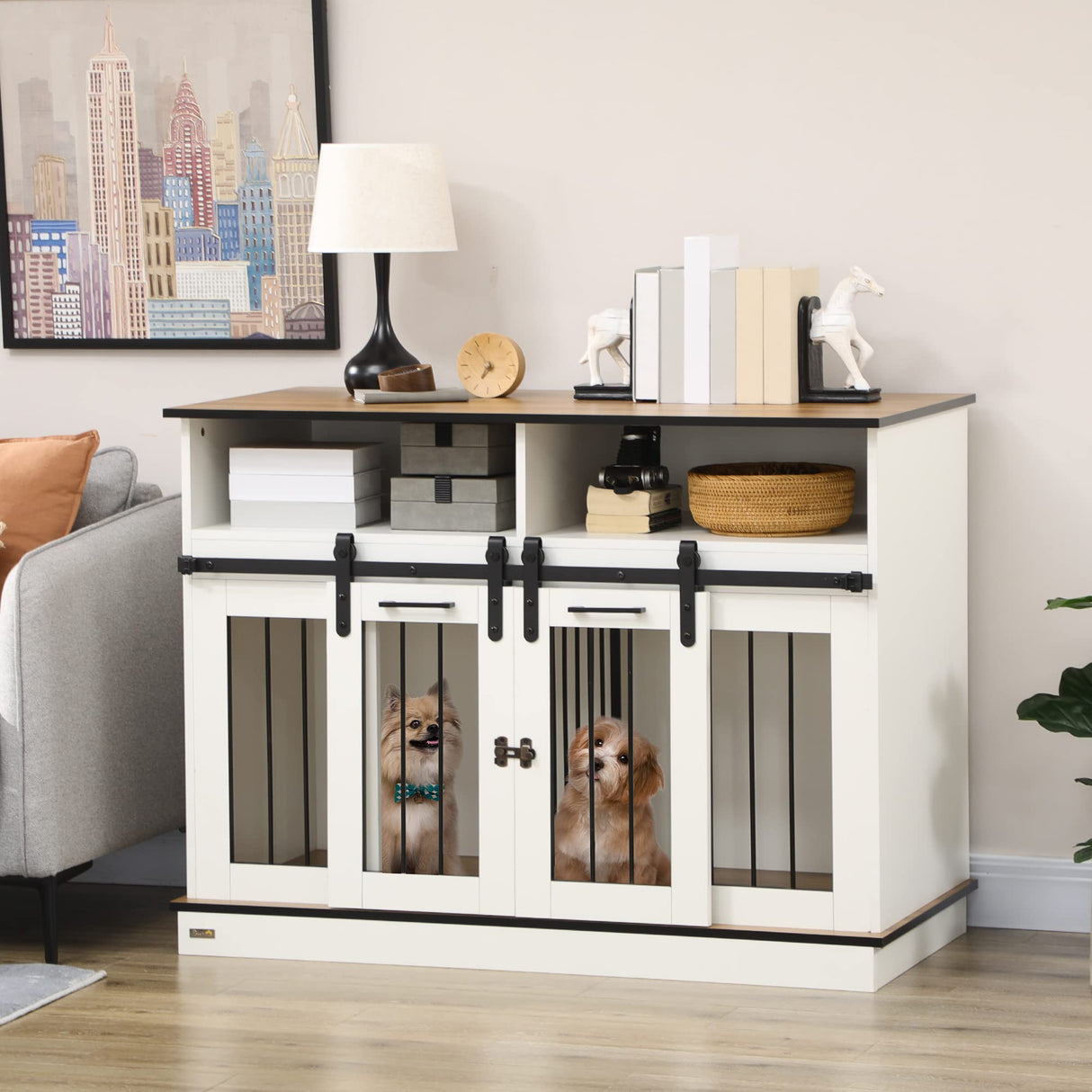 PawHut Dog Crate Furniture for Large Dogs or Double Dog Kennel for Small Dogs with Shelves, Sliding Doors, 47" x 23.5" x 35", White PawHut