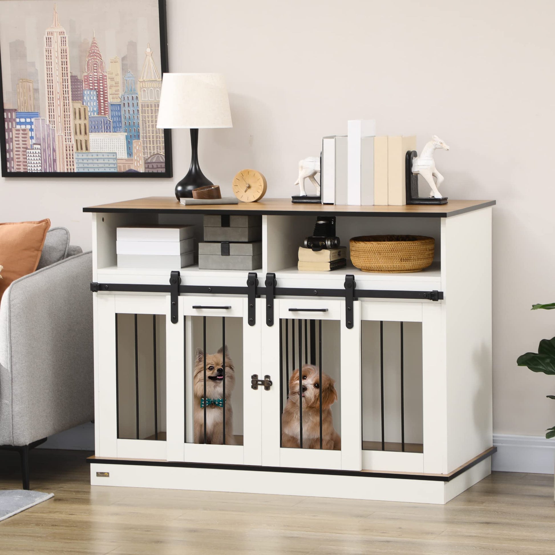 PawHut Dog Crate Furniture for Large Dogs or Double Dog Kennel for Small Dogs with Shelves, Sliding Doors, 47" x 23.5" x 35", White - WoodArtSupply