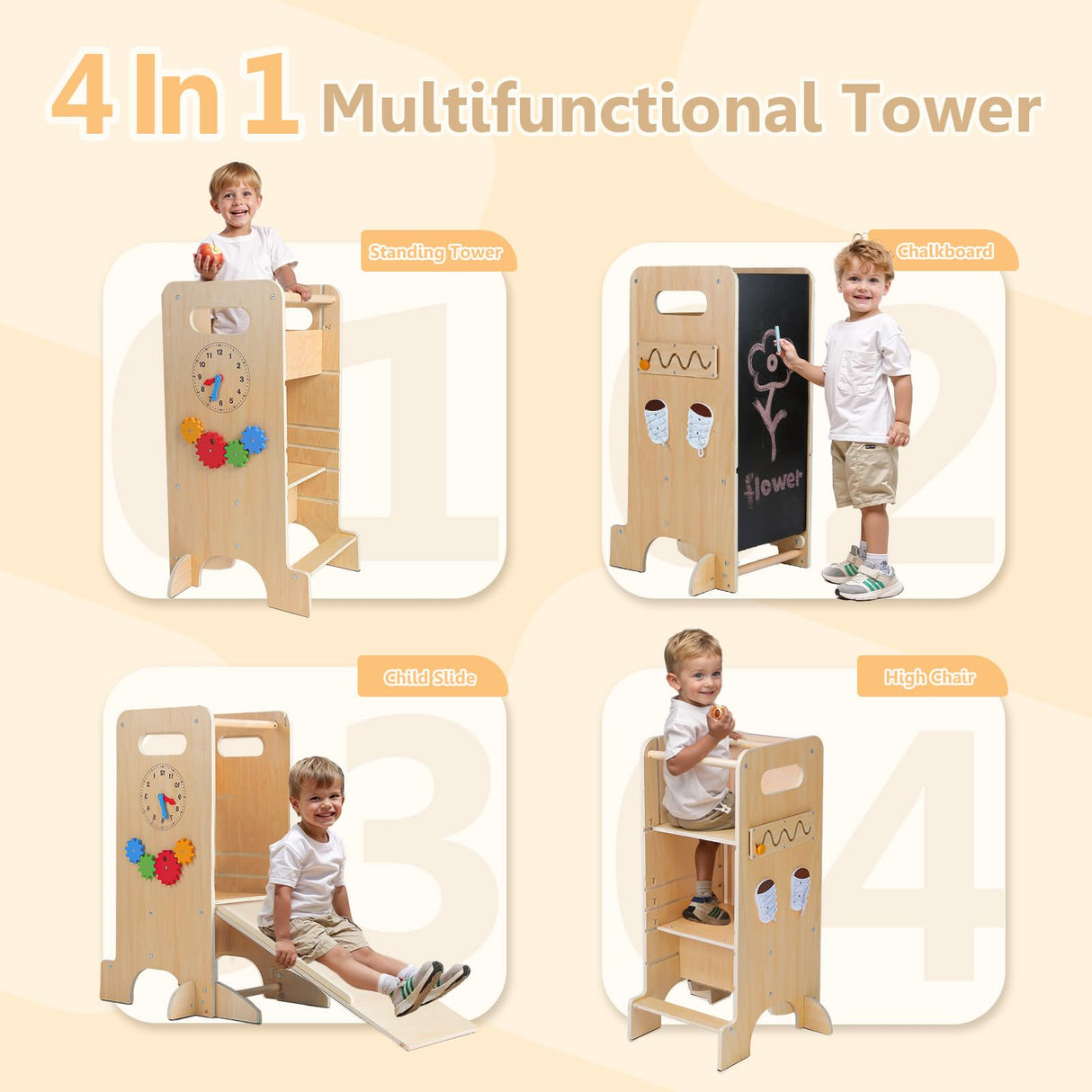 FlyingBoom Toddler Tower 4-in-1 Multifunctional Toddler Kitchen Stool Helper with Removable Safety Board, Adjustable Heights, Slide, Highchair, Chalkboard, Montessori Games FlyingBoom