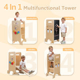 FlyingBoom Toddler Tower 4-in-1 Multifunctional Toddler Kitchen Stool Helper with Removable Safety Board, Adjustable Heights, Slide, Highchair, Chalkboard, Montessori Games FlyingBoom