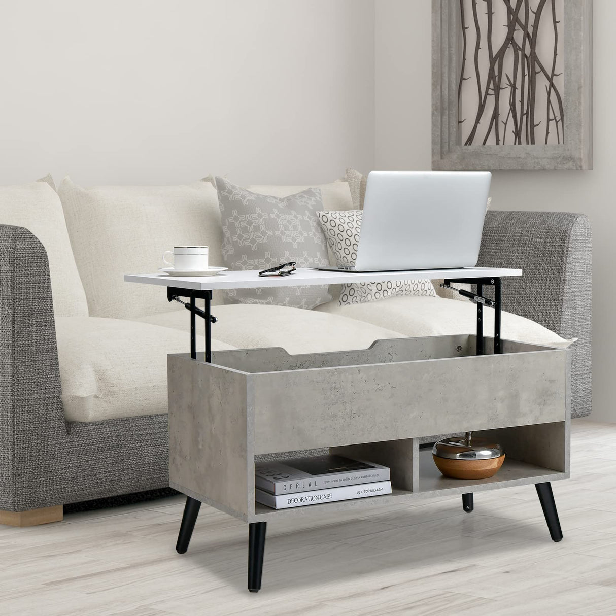 Giantex Lift Top Coffee Table, Modern Cocktail Table w/Hidden Compartment & 2 Open Shelves, Flip Top Center Table, Wooden Pull up Coffee Table for Living Room, Reception Room, Office (Grey) Giantex