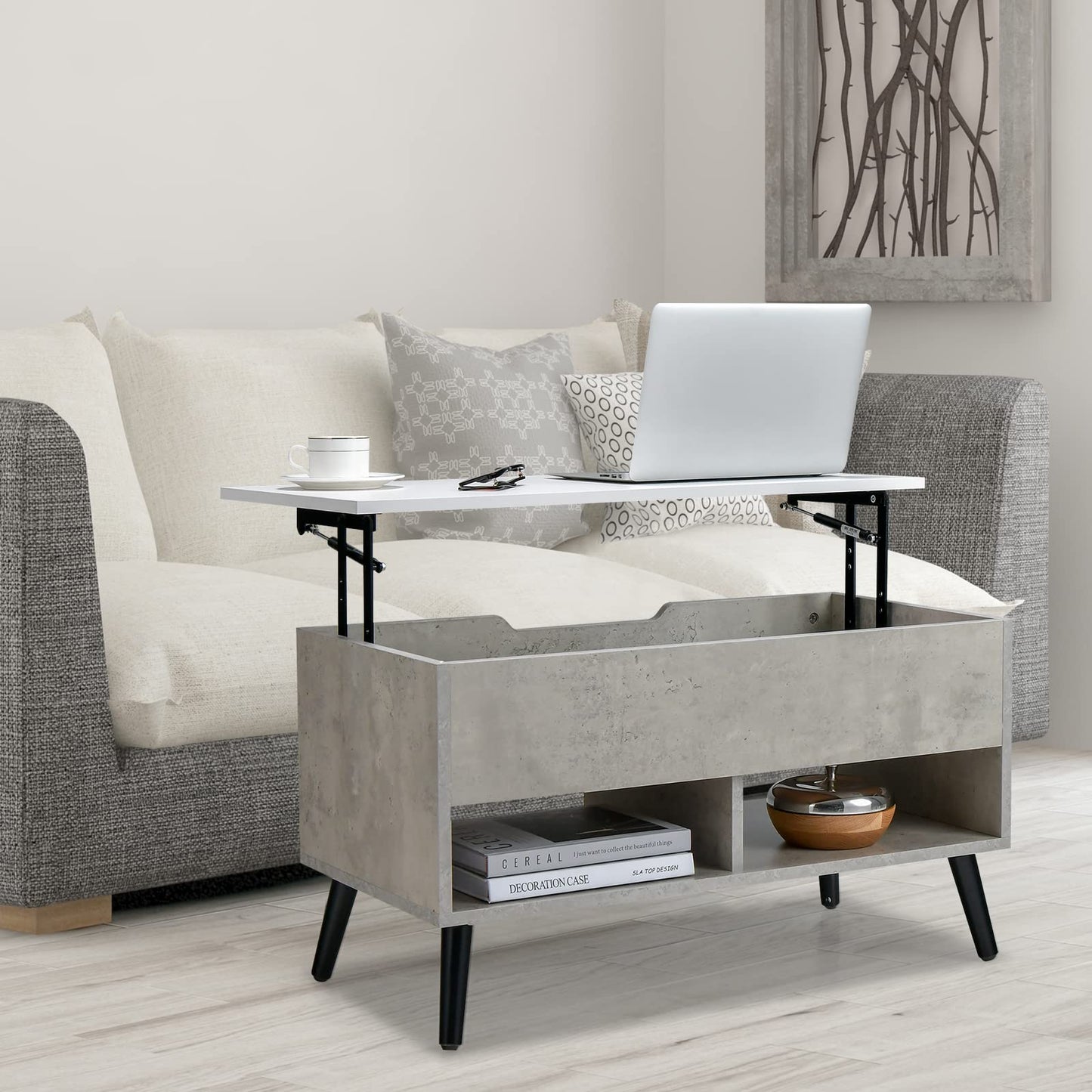 Giantex Lift Top Coffee Table, Modern Cocktail Table w/Hidden Compartment & 2 Open Shelves, Flip Top Center Table, Wooden Pull up Coffee Table for Living Room, Reception Room, Office (Grey) - WoodArtSupply