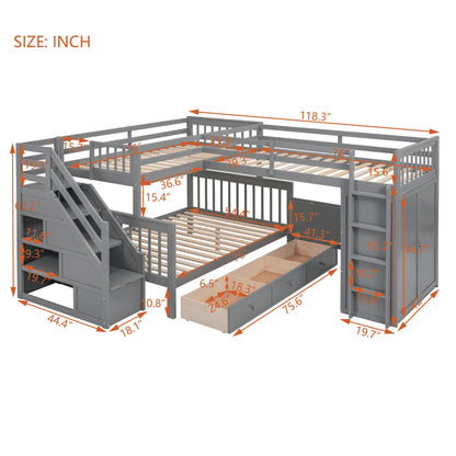 SOFTSEA Twin Over Twin Over Full Bunk Bed with Desk, 3 Storage Drawers and Wardrobe, L Shaped Triple Bunk Beds with Staircase, Wood Bunk Bed Frame with Guardrails and Ladder, 3 Beds in 1, Gray