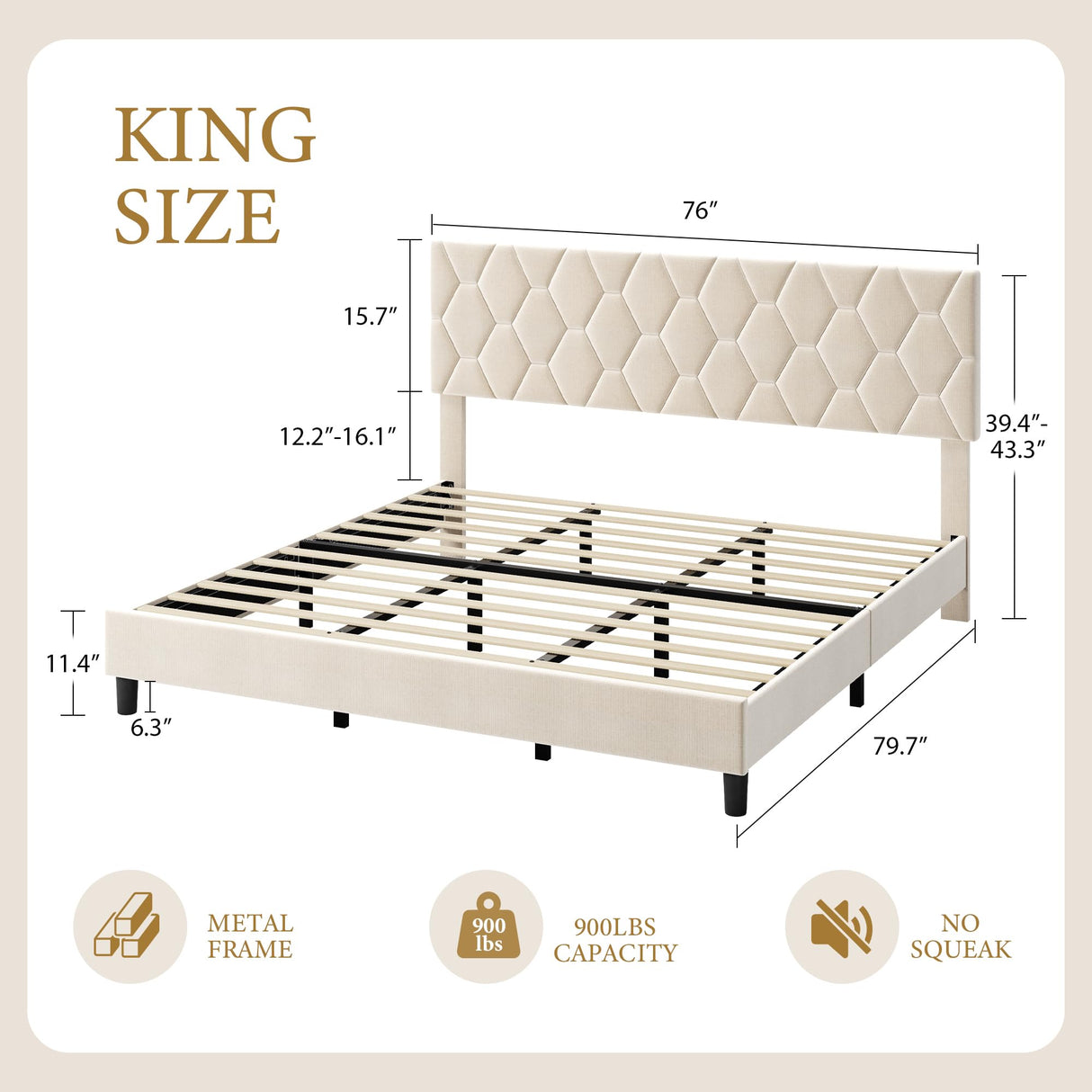 GarveeHome Beige King Bed Frame with Upholstered Headboard, Upholstered Bed Frame, Heavy-Duty Platform Bed Frame with Adjustable Headboard, Strong Wood Slat Support/No Box Spring Needed/Noise Free GarveeHome
