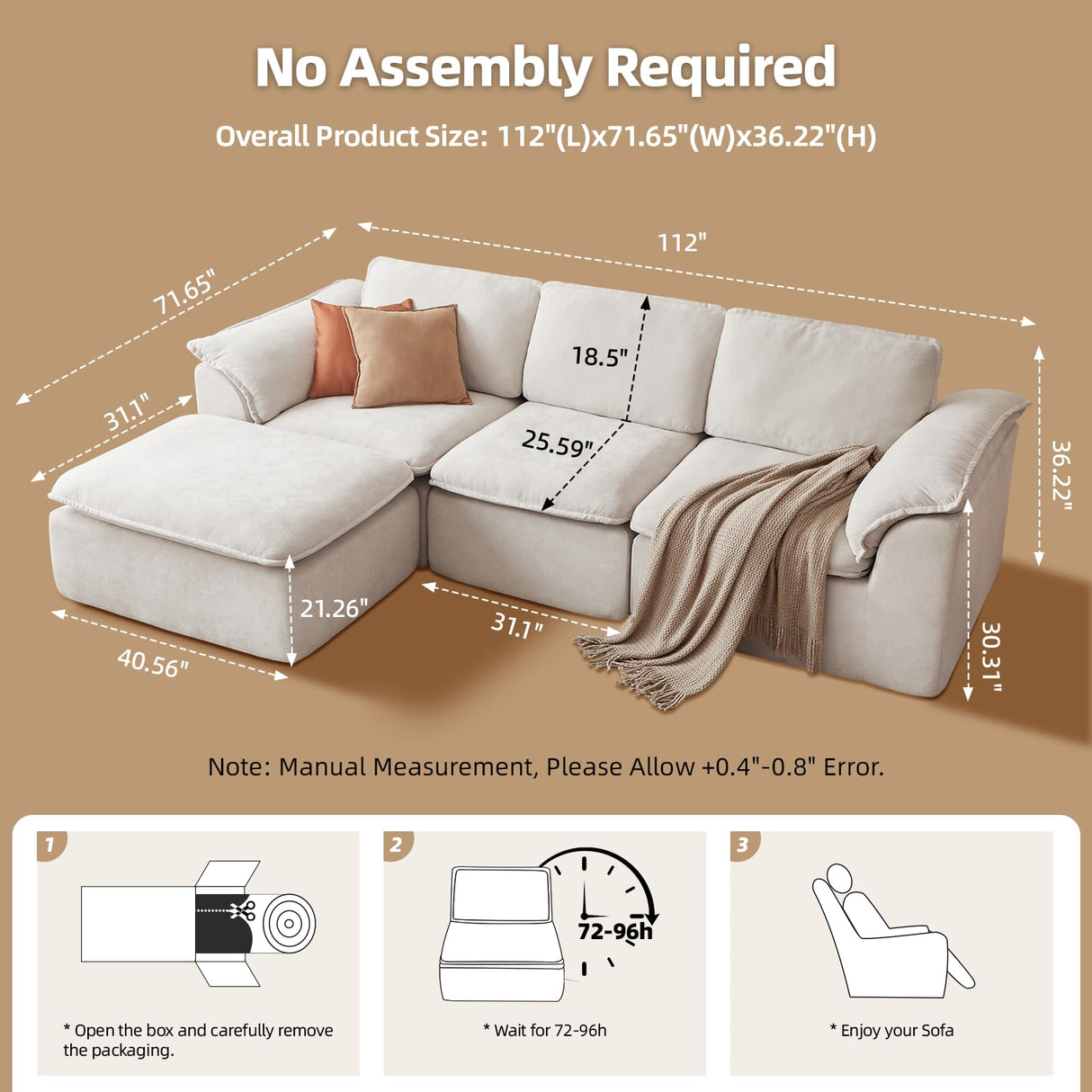 112" Cloud Couch Sectional with Padded Armrests & Moveable Ottoman Boneless Sectional Couches for Living Room White Couch, No Assembly Required HALLYBEE