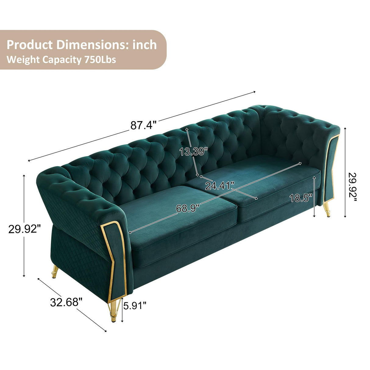 Tmsan 87.4" Velvet Sofa Couch, Mid-Century Modern Chesterfield Loveseat Classic Button Tufted 2 Seater Couch with Golden Legs for Living Room Office Bedroom (Emerald) Tmsan