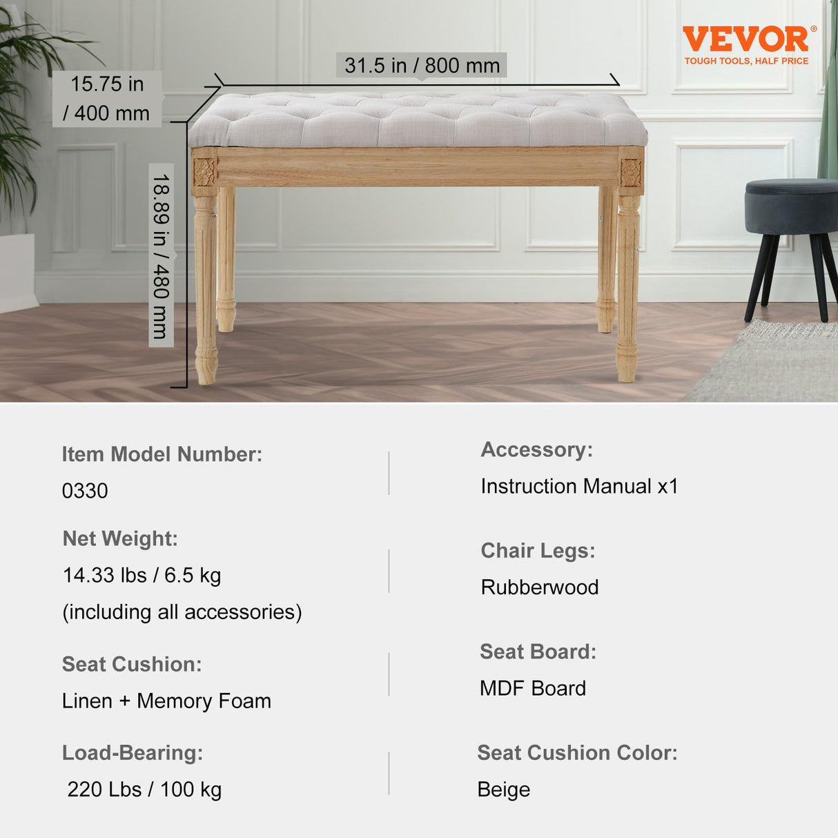VEVOR Upholstered Bench for Bedroom end of Bed, Vanity Foam Padded Cushion & Rubberwood Legs, Tufted Footrest Stool Entryway for Dining, Living Room, Piano, Hallway, 32 x 16 x 19 Inches, Beige VEVOR
