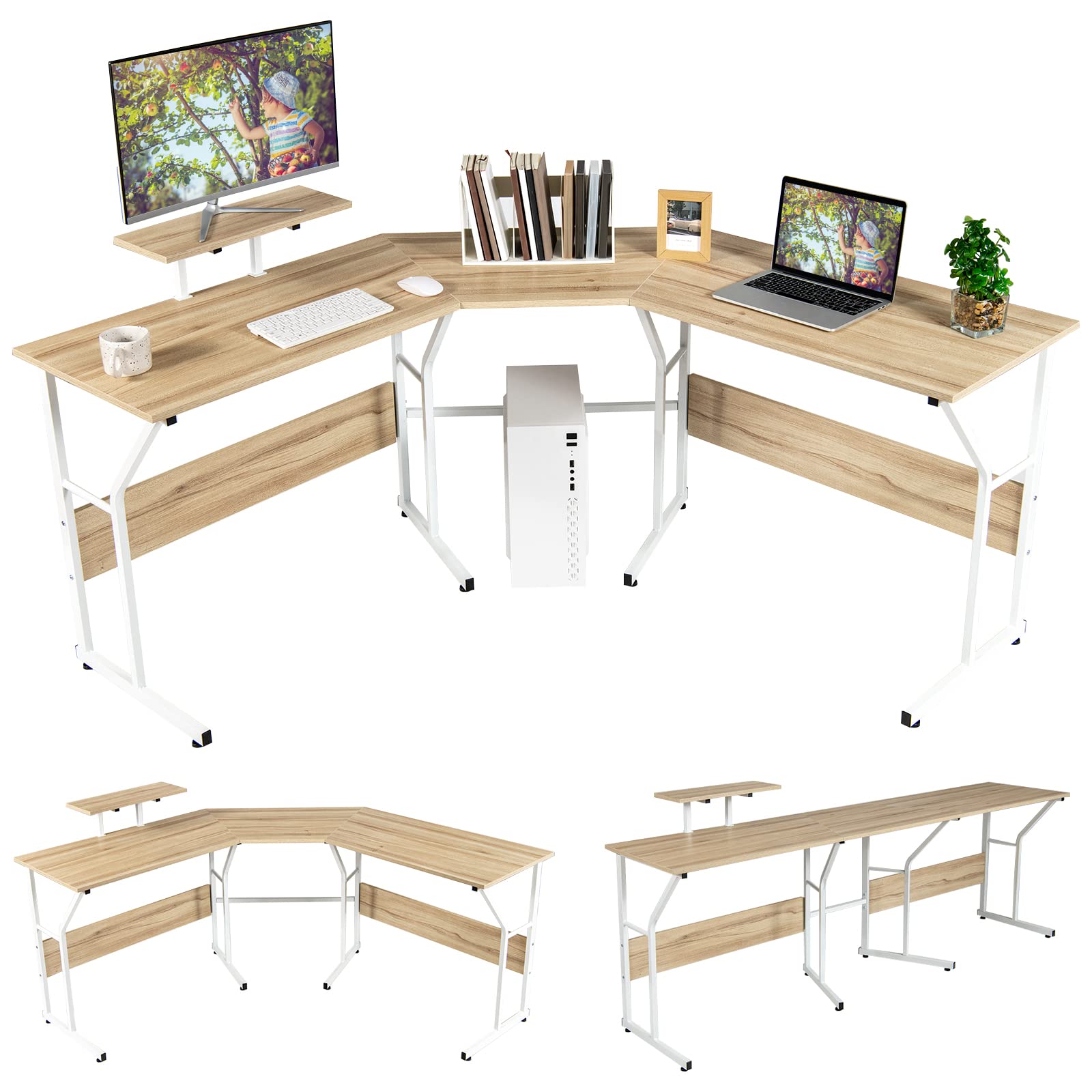 Tangkula L-shaped Reversible Computer Desk, 2 Person Long Computer Workstation w/Movable Monitor Stand, Large Home Office Corner Desk for Working Writing Gaming (Natural) - WoodArtSupply