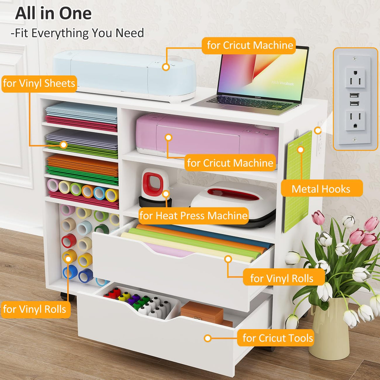 Dooloric Craft Organization and Storage Cart Compatible with Cricut Machines, Rolling Craft Table Organizer with Charge Station Vinyl Roll Holder, Drawers, Craft Storage Cabinet for Craft Room Home dooloric